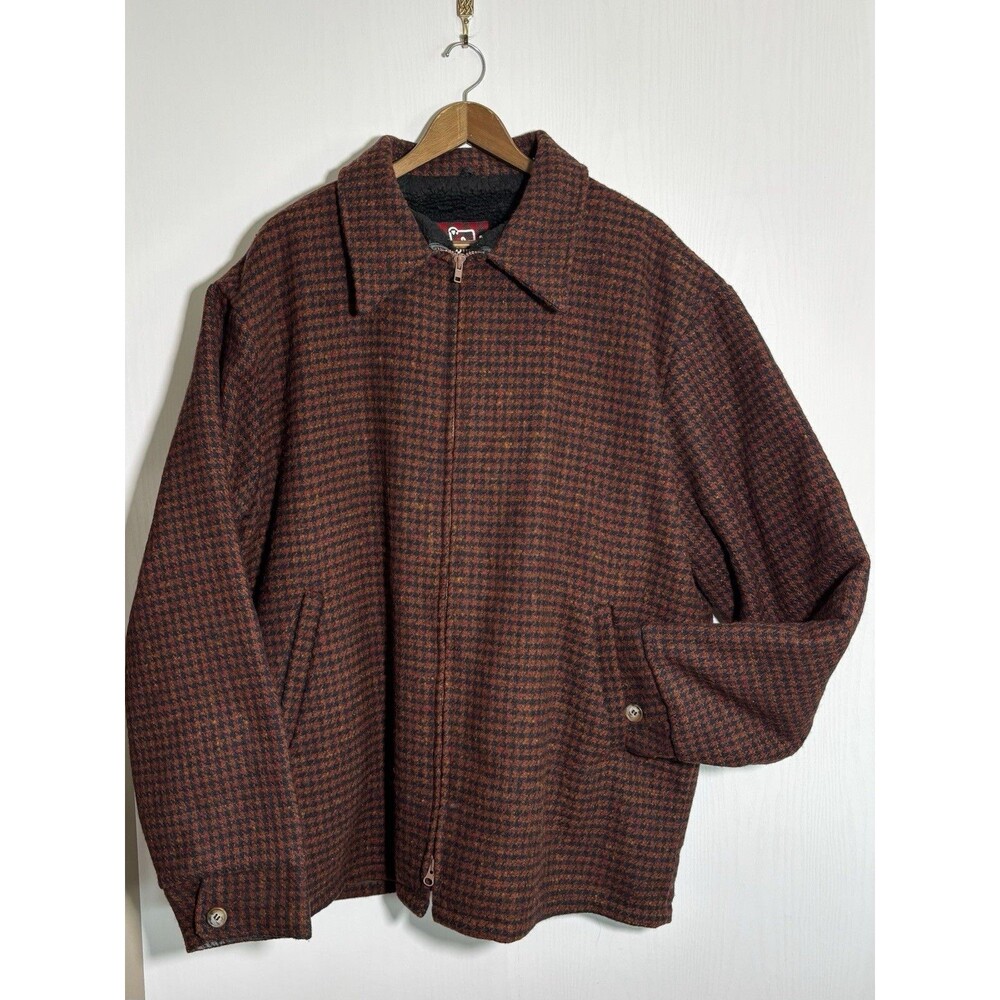 Woolrich Chore Coat Mens XL Brown Blue Houndstoooth Sherpa Lined Wool Jacket